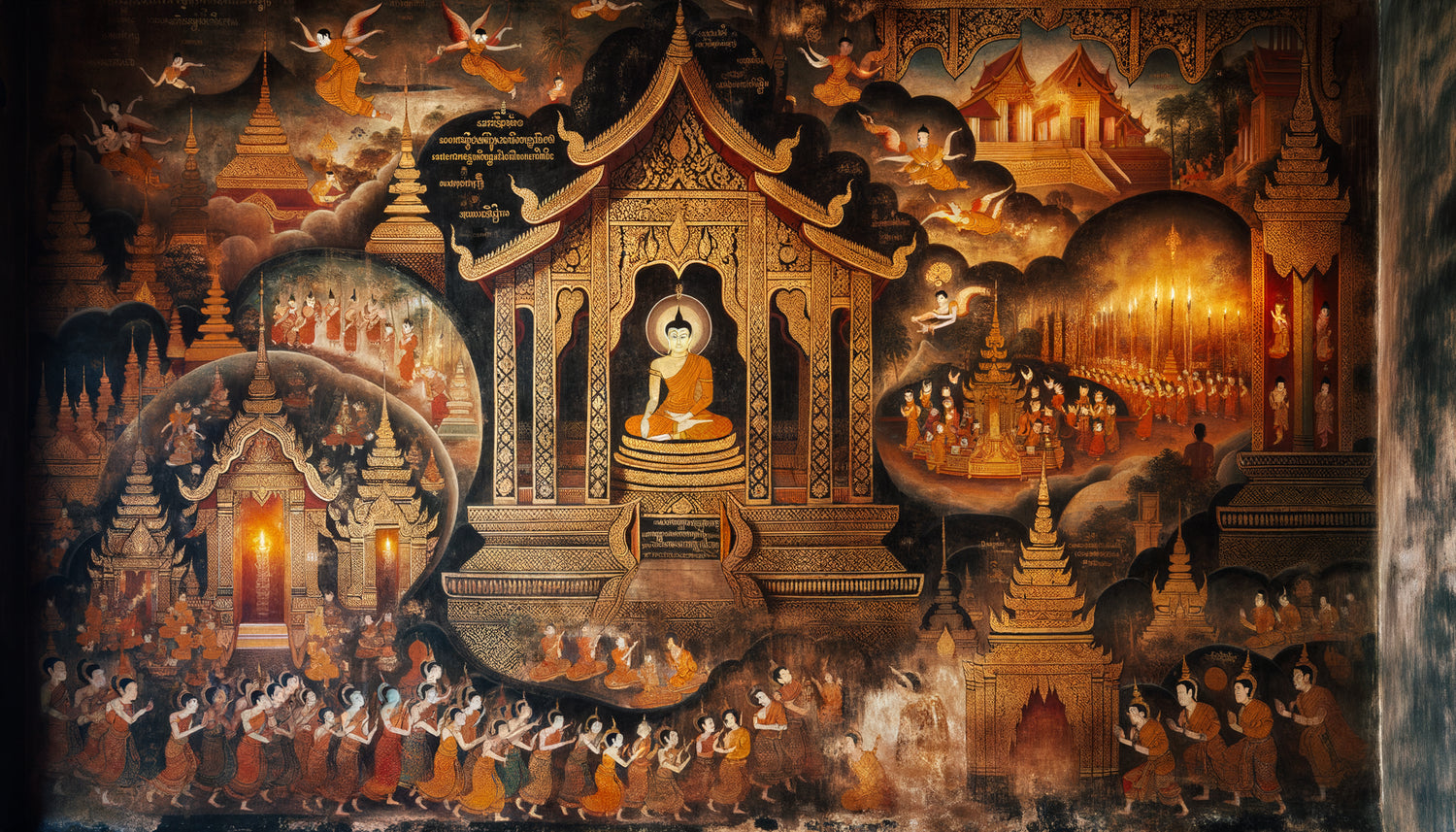 Peinture murale traditionnelle de monastère laotien montrant la distinction entre pigments noirs minéral et végétal, art bouddhiste ancien