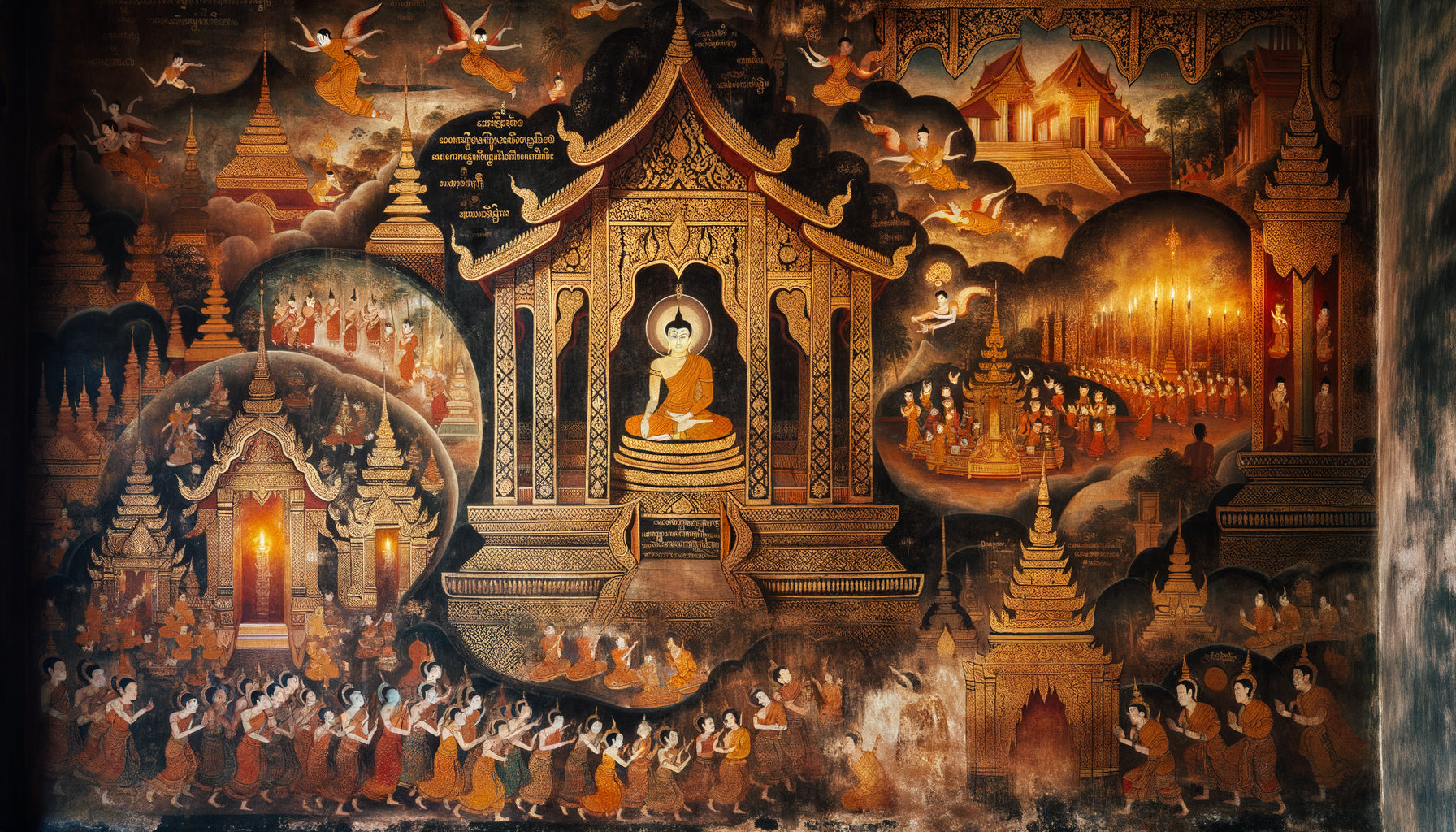 Peinture murale traditionnelle de monastère laotien montrant la distinction entre pigments noirs minéral et végétal, art bouddhiste ancien