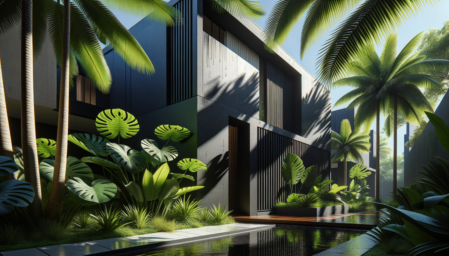 Façade architecturale moderne en noir de pétrole profond sous climat tropical avec végétation luxuriante et traces de pluie