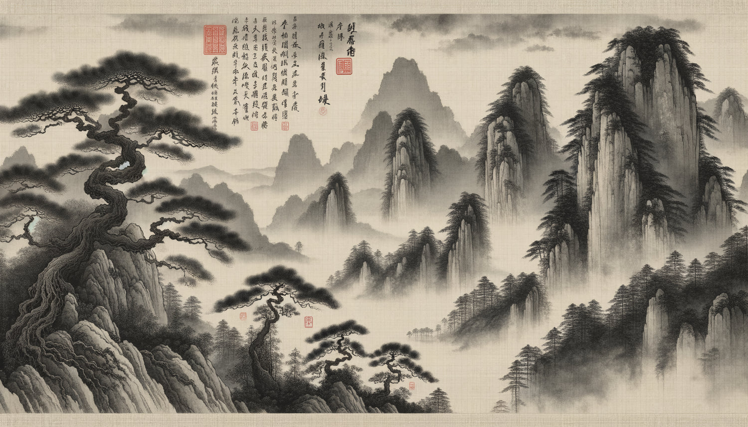 Peinture de paysage chinoise traditionnelle avec montagnes brumeuses, pins et poème calligraphié à l'encre, style lettrés Song-Yuan