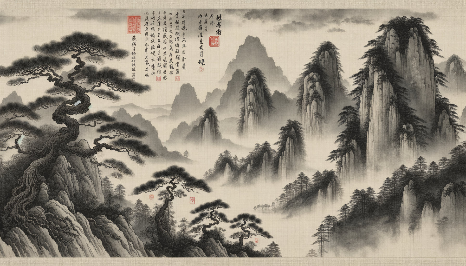 Peinture de paysage chinoise traditionnelle avec montagnes brumeuses, pins et poème calligraphié à l'encre, style lettrés Song-Yuan