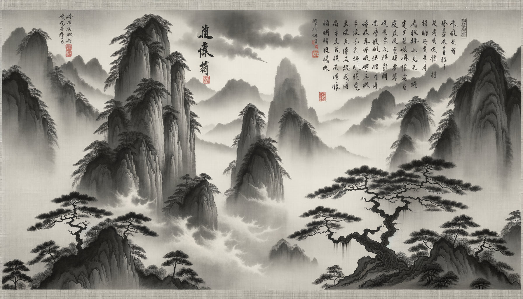 Peinture de paysage chinoise dynastie Song avec calligraphie poétique, montagnes brumeuses à l'encre et espaces vides contemplatifs