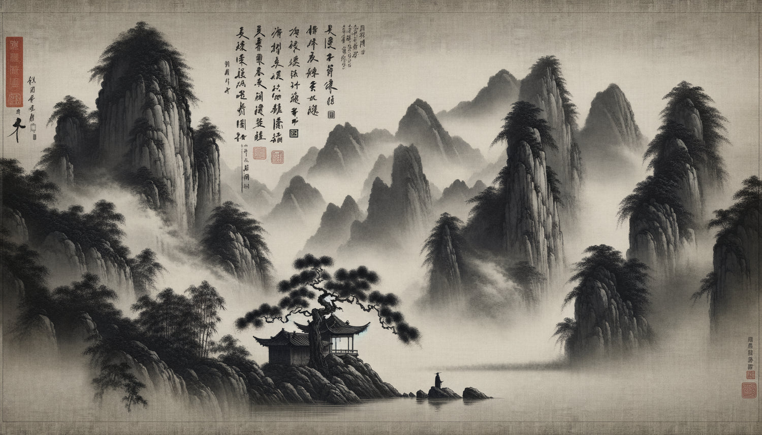 Peinture à l'encre dynastie Yuan : ermitage solitaire, bambous résilients et montagnes brumeuses, style lettré chinois 14ème siècle