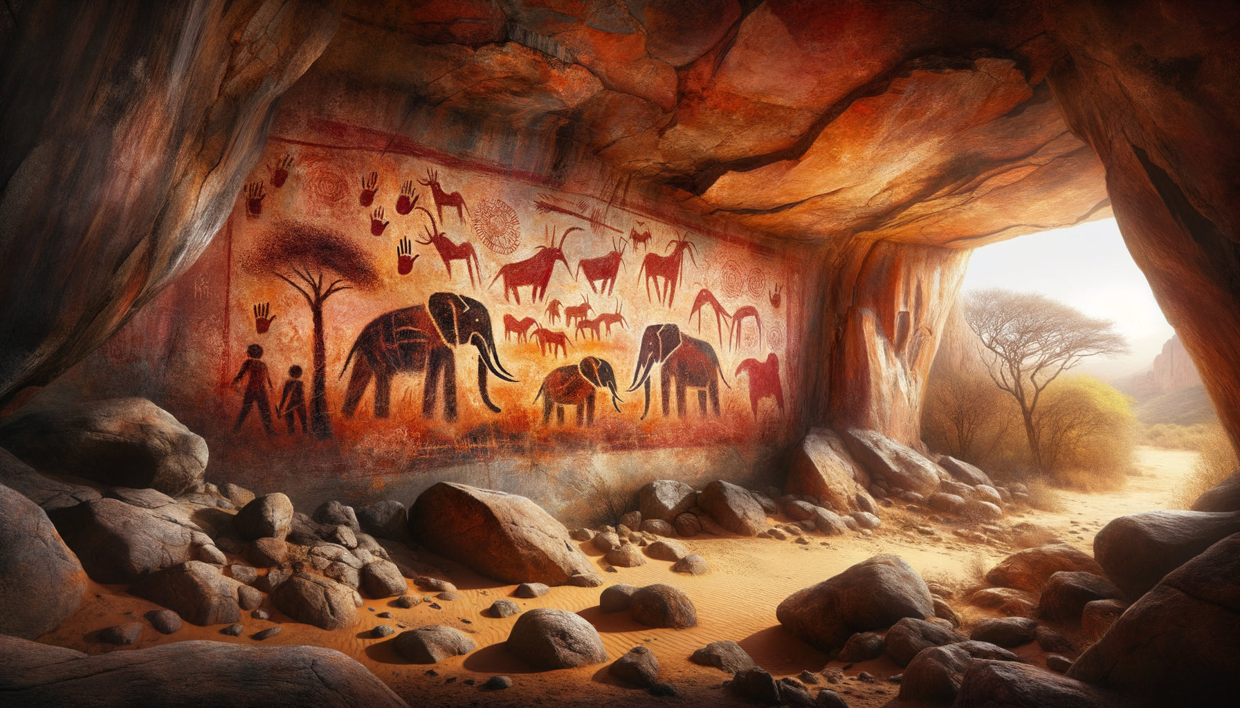 Peinture rupestre néolithique saharienne représentant des éléphants à l'ocre rouge sur paroi rocheuse, datant de 10 000 ans