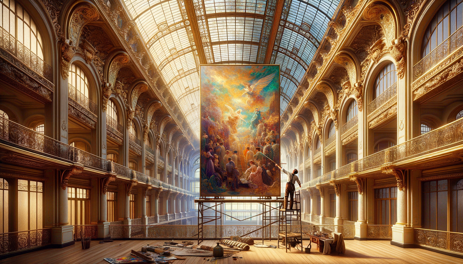 Peintre Belle Époque créant une œuvre monumentale sous verrière hôtelière, technique de valeurs tonales stratifiées adaptées à la lumière naturelle changeante