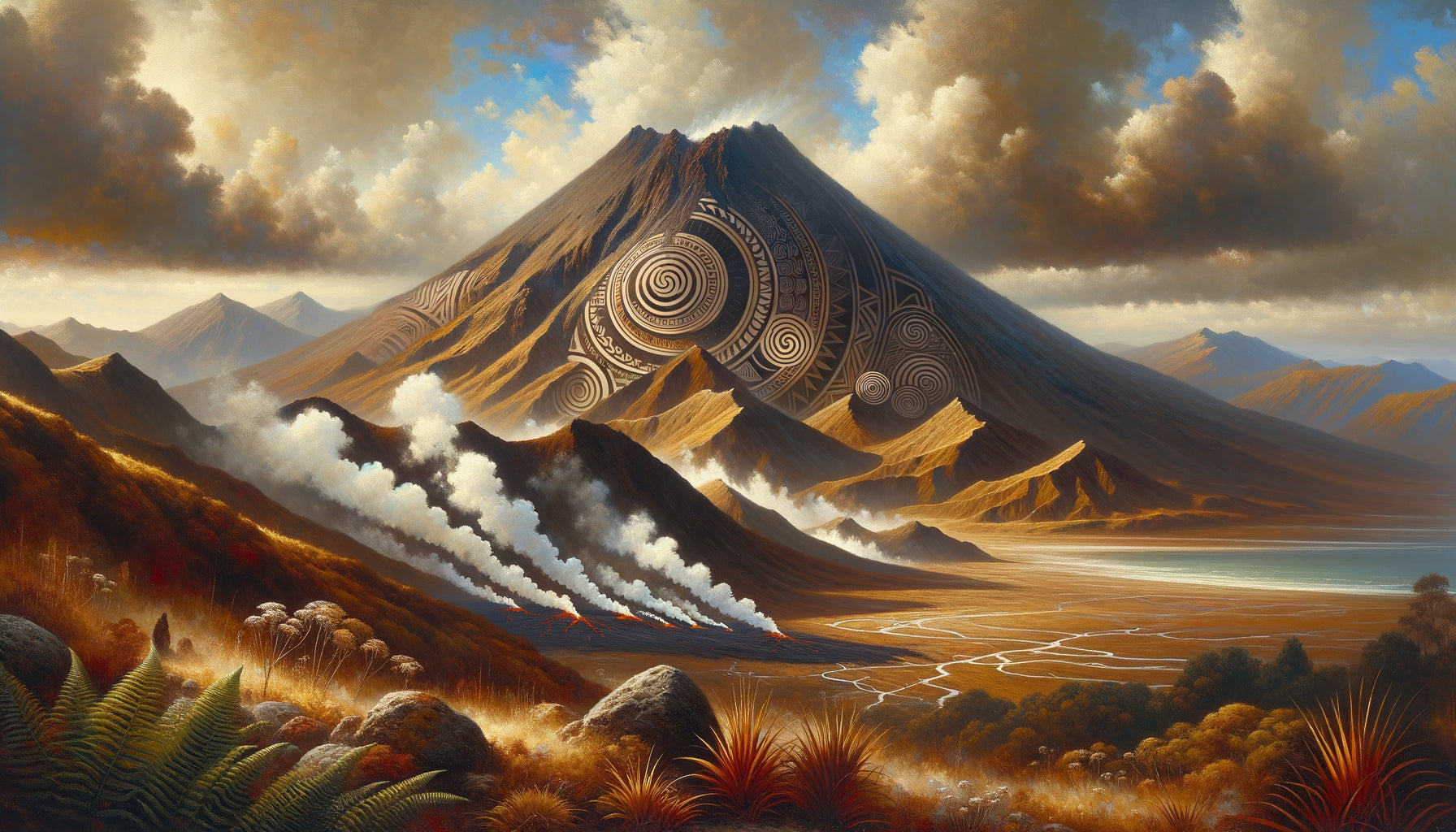 Peinture contemporaine néo-zélandaise de paysage volcanique intégrant spiritualité maorie et puissance géologique avec motifs traditionnels