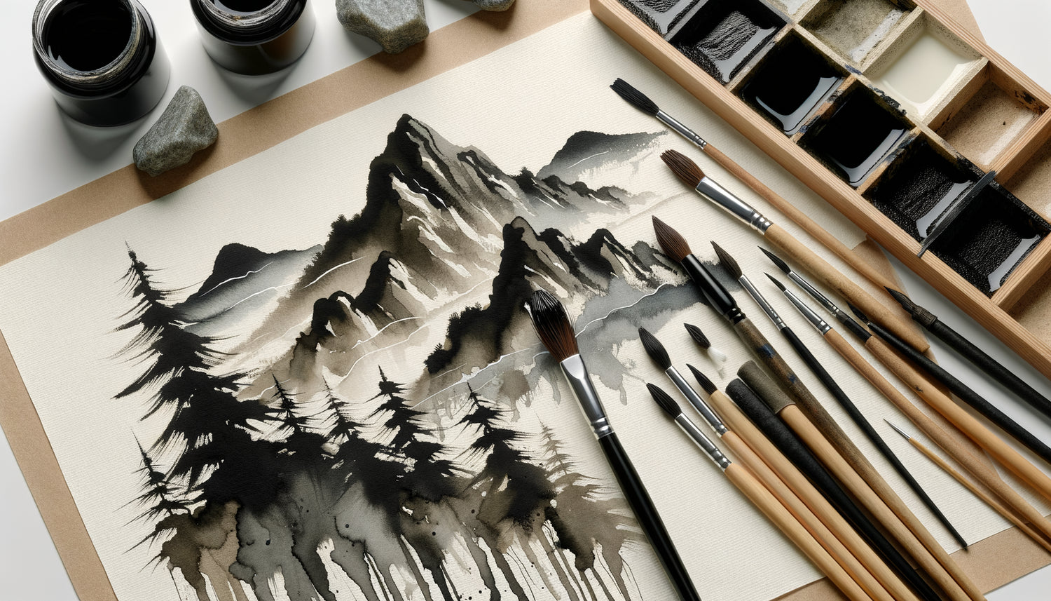 Peinture zen sumi-e montrant gradation d'encre du noir intense au gris transparent créant profondeur contemplative