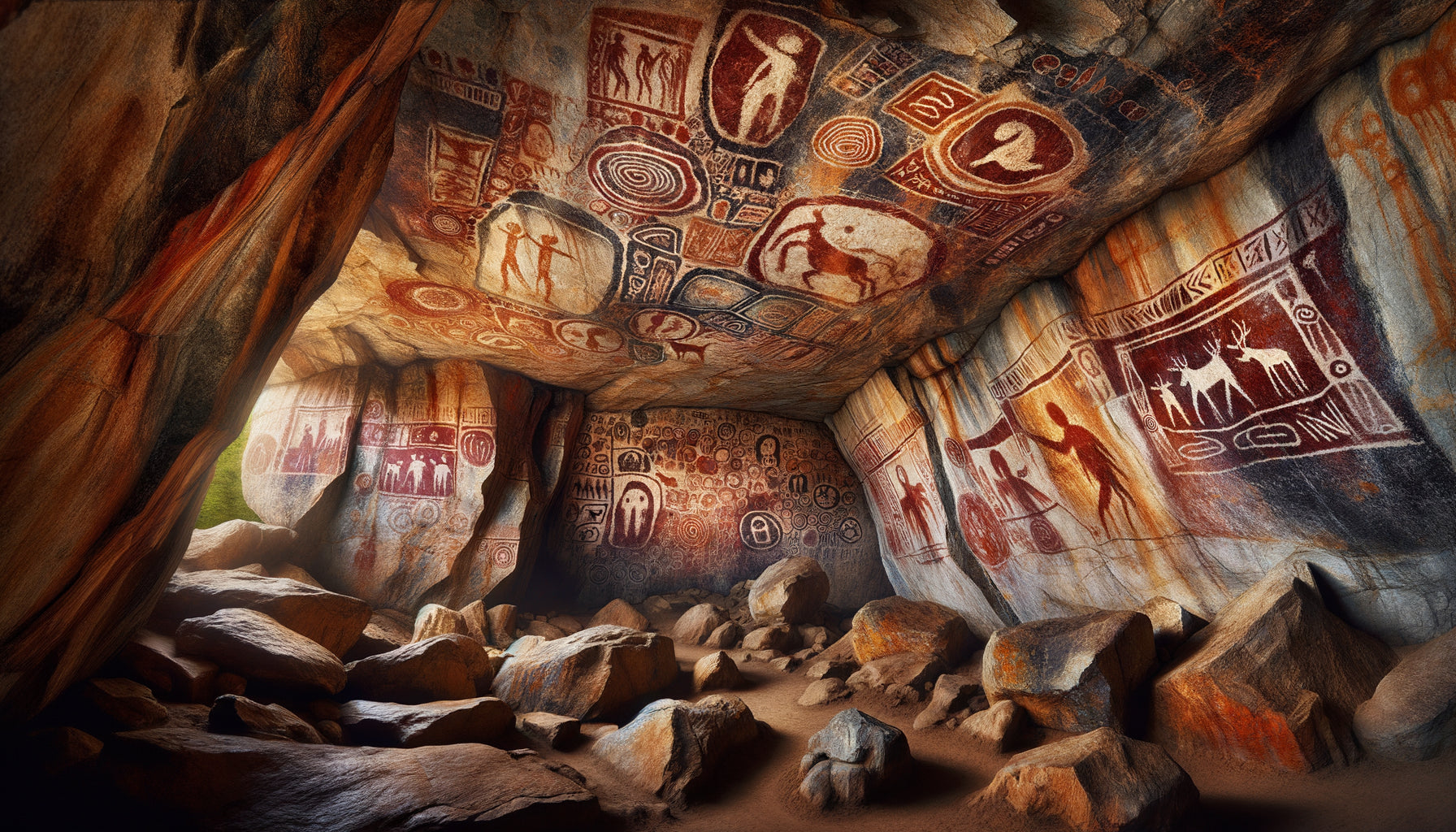 Peintures rupestres chamaniques paléolithiques sibériennes représentant cartographies spirituelles médicales, pigments ocre et charbon, espace rituel de guérison préhistorique