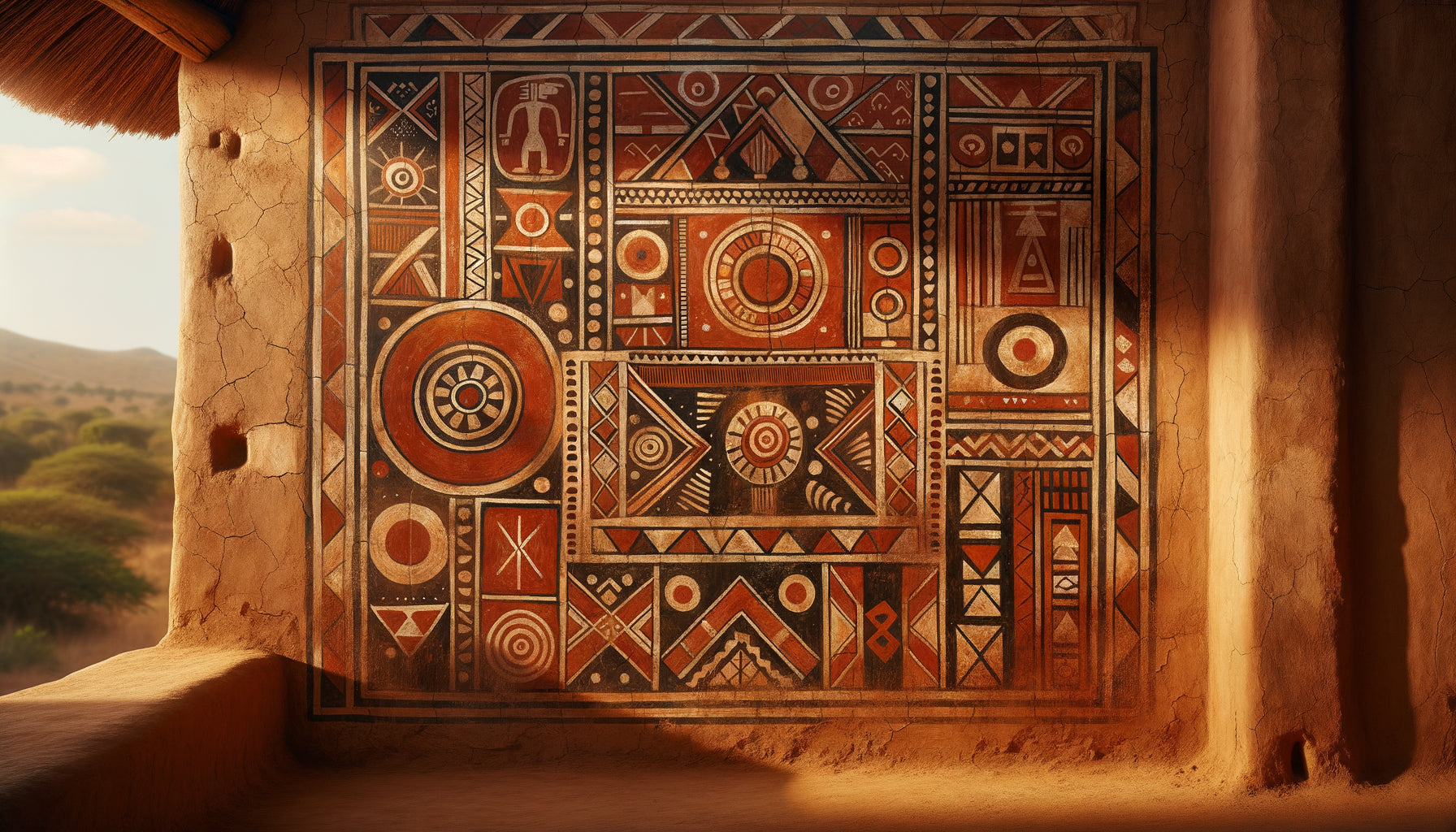 Peinture murale africaine ancestrale aux pigments minéraux ocre et terre, motifs géométriques traditionnels sur mur d'argile
