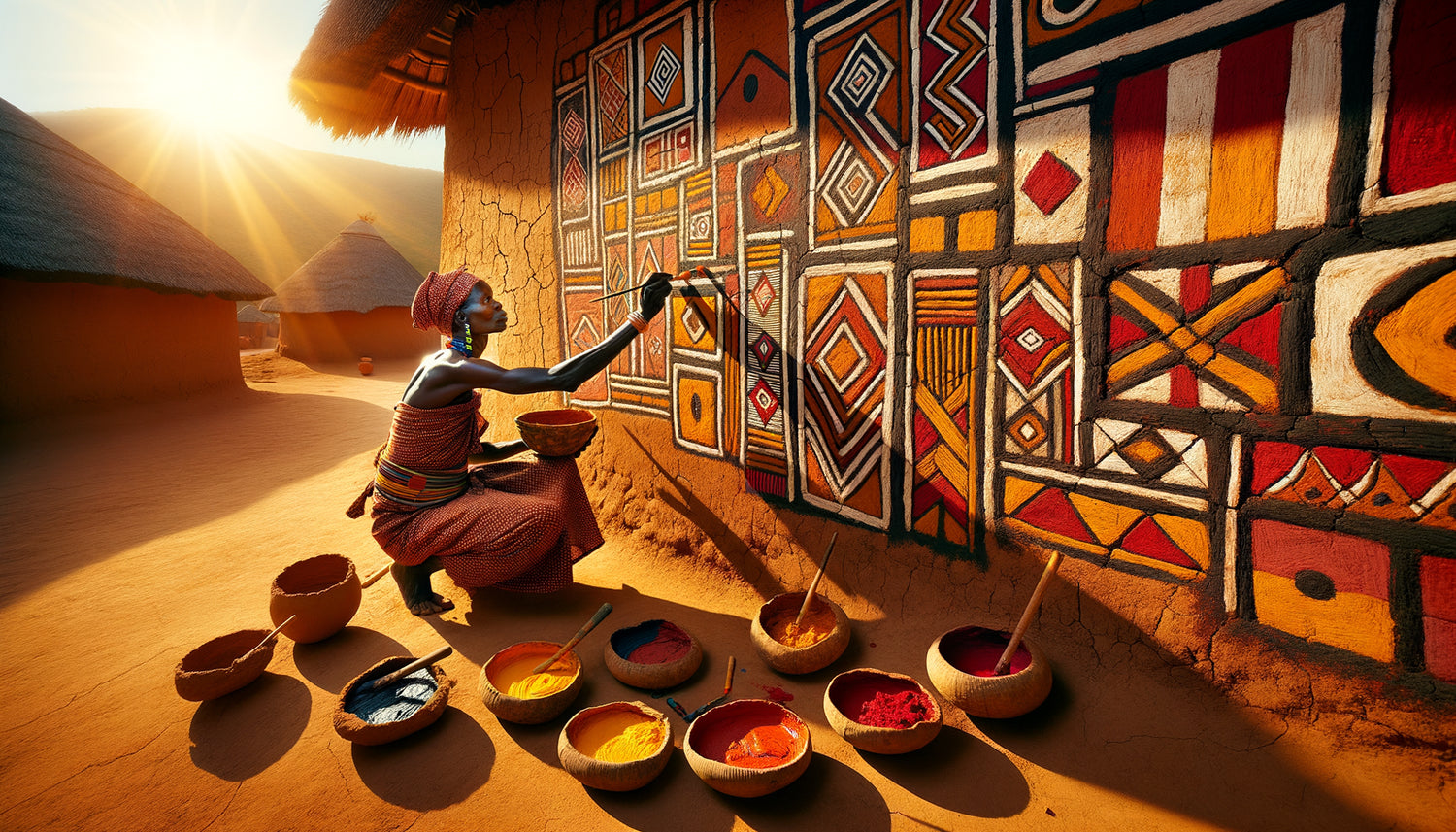 Artiste africaine peignant des motifs géométriques traditionnels sur mur d'argile en saison sèche avec pigments naturels