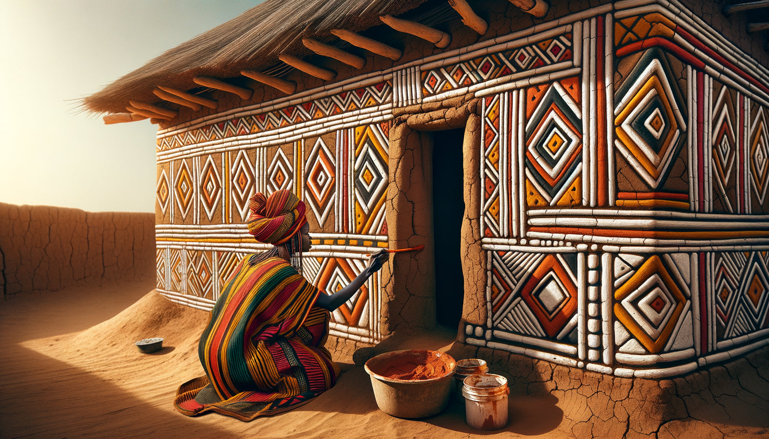 Façade de case peule au Sénégal ornée de motifs géométriques claniques traditionnels en pigments naturels