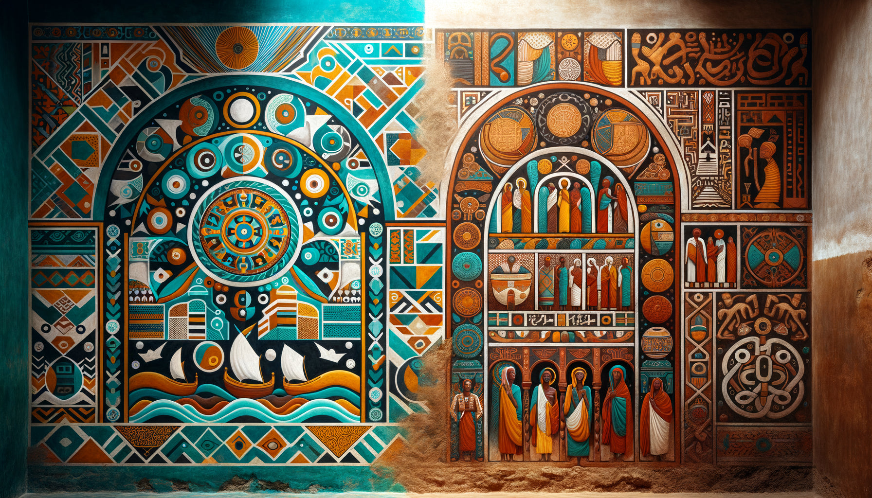 Comparaison entre peinture murale swahili turquoise côtière et peinture murale éthiopienne ocre de l'intérieur est-africain