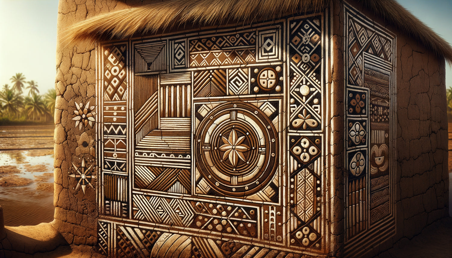 Peinture murale traditionnelle diola de Casamance avec motifs géométriques de rizières en pigments naturels sur mur d'argile