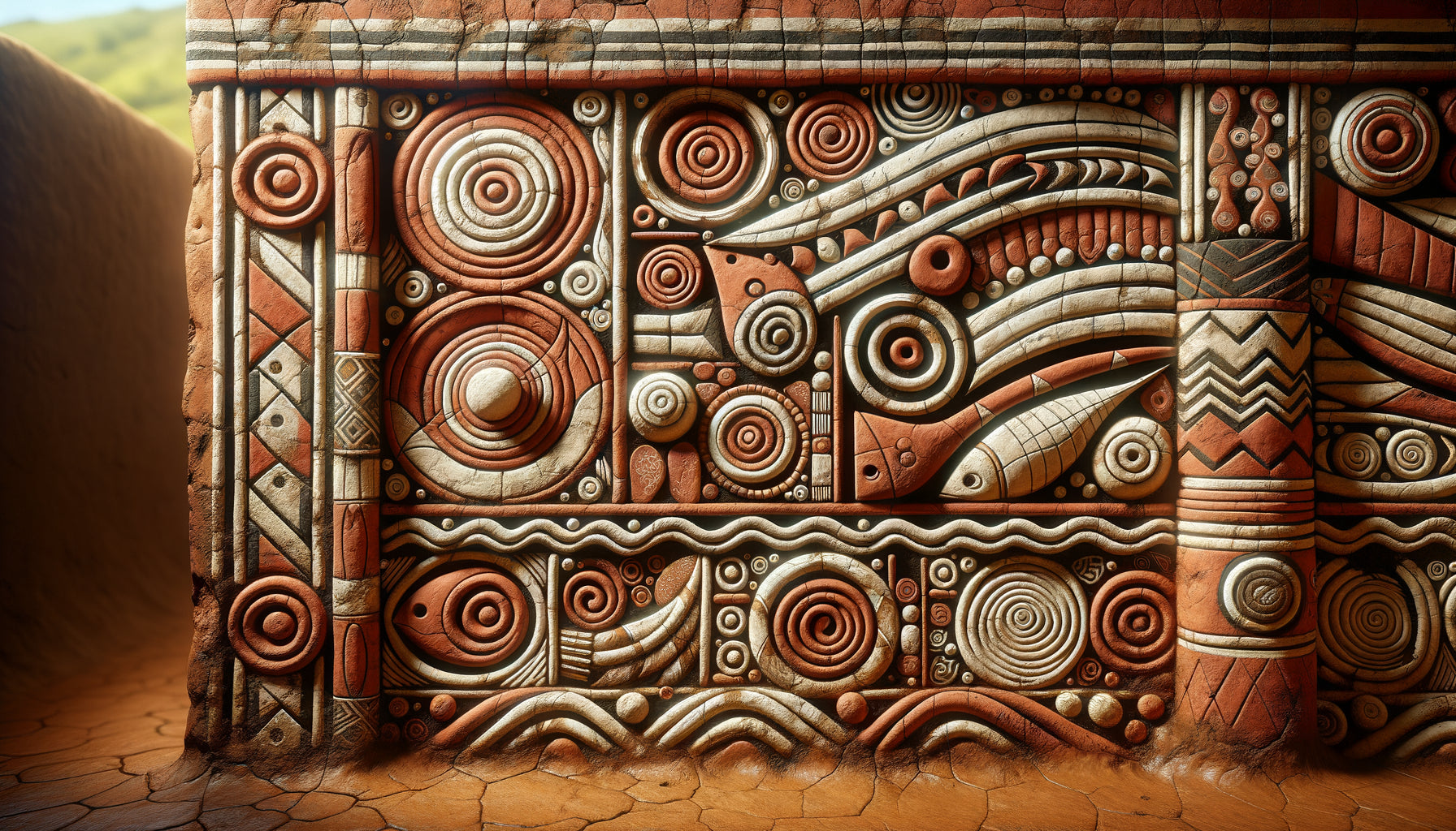 Mur d'argile kotoko orné de motifs aquatiques stylisés traditionnels, pigments naturels ocre et blanc, art mural ancestral
