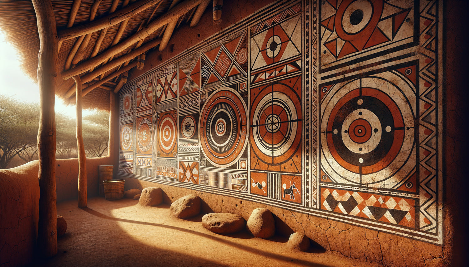 Peinture murale rituelle maasaï authentique avec motifs géométriques ocre rouge et blanc sur mur d'argile, Kenya traditionnel