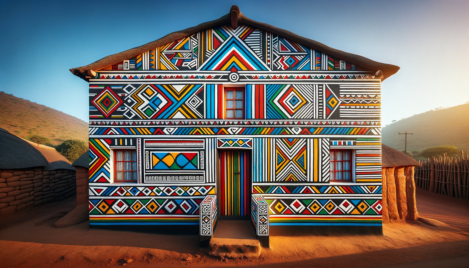 Façade traditionnelle d'une maison Ndebele ornée de motifs géométriques colorés peints à la main en Afrique du Sud
