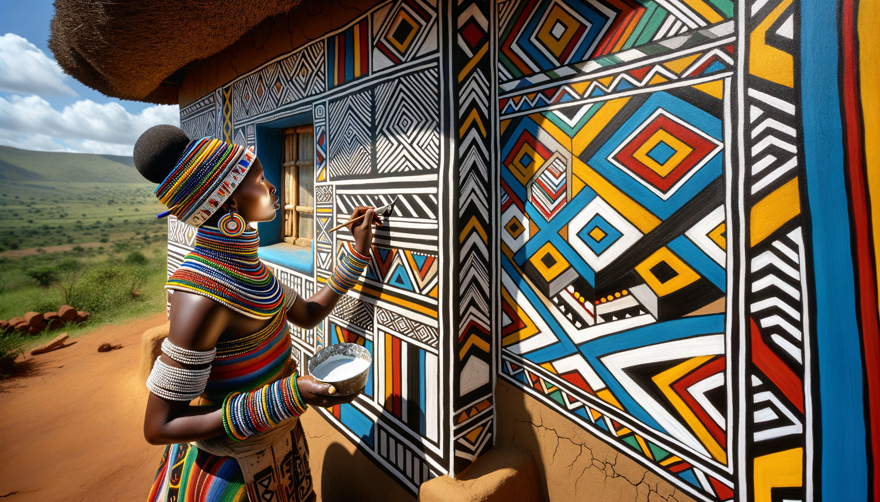 Femme Ndebele peignant des motifs géométriques colorés codés sur un mur traditionnel sud-africain