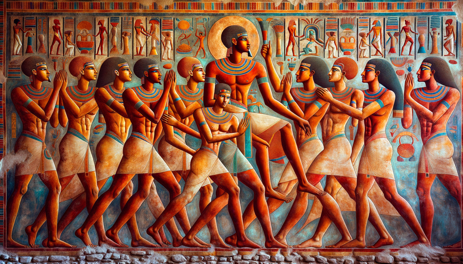 Fresque murale nubienne antique aux couleurs vives avec figures expressives et composition naturaliste, style méroïtique distinctif