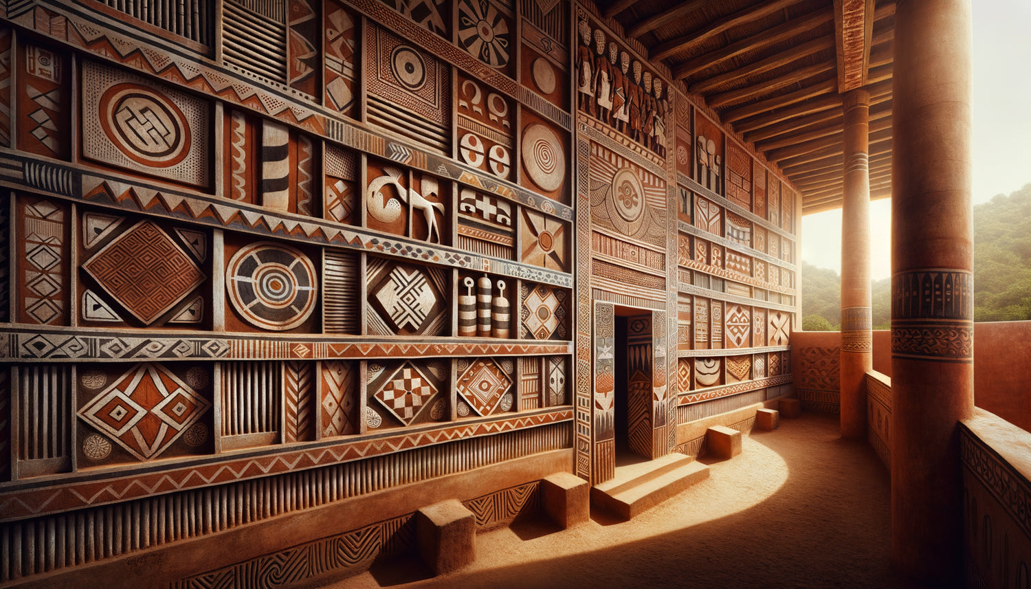 Mur de palais akan au Ghana orné de peintures murales traditionnelles avec symboles Adinkra et motifs géométriques royaux