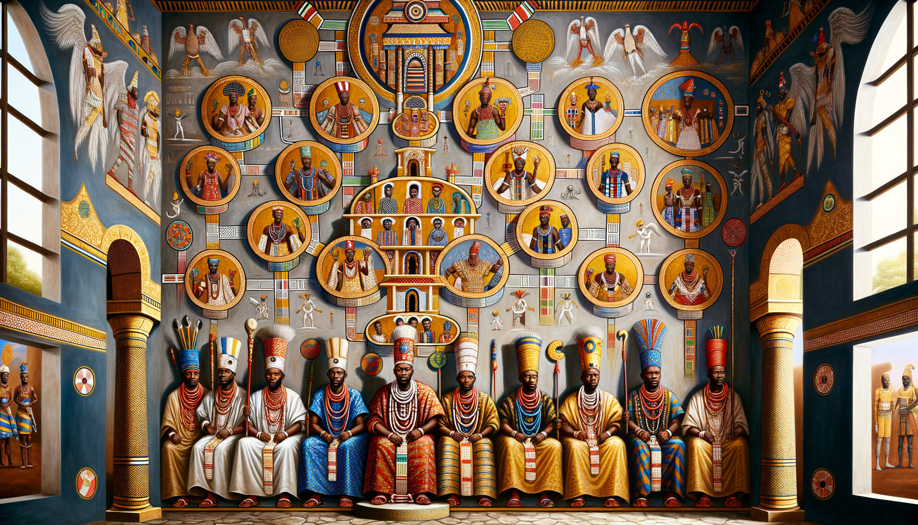 Peinture murale yoruba traditionnelle d'Ibadan documentant les lignées dynastiques des olubadan avec codes couleurs et symboles hiérarchiques