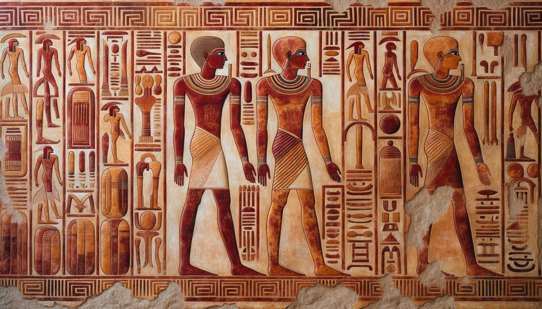 Peinture murale antique de l'oasis de Siwa mêlant influences berbères, grecques et égyptiennes non-pharaoniques, pigments ocres sur calcaire