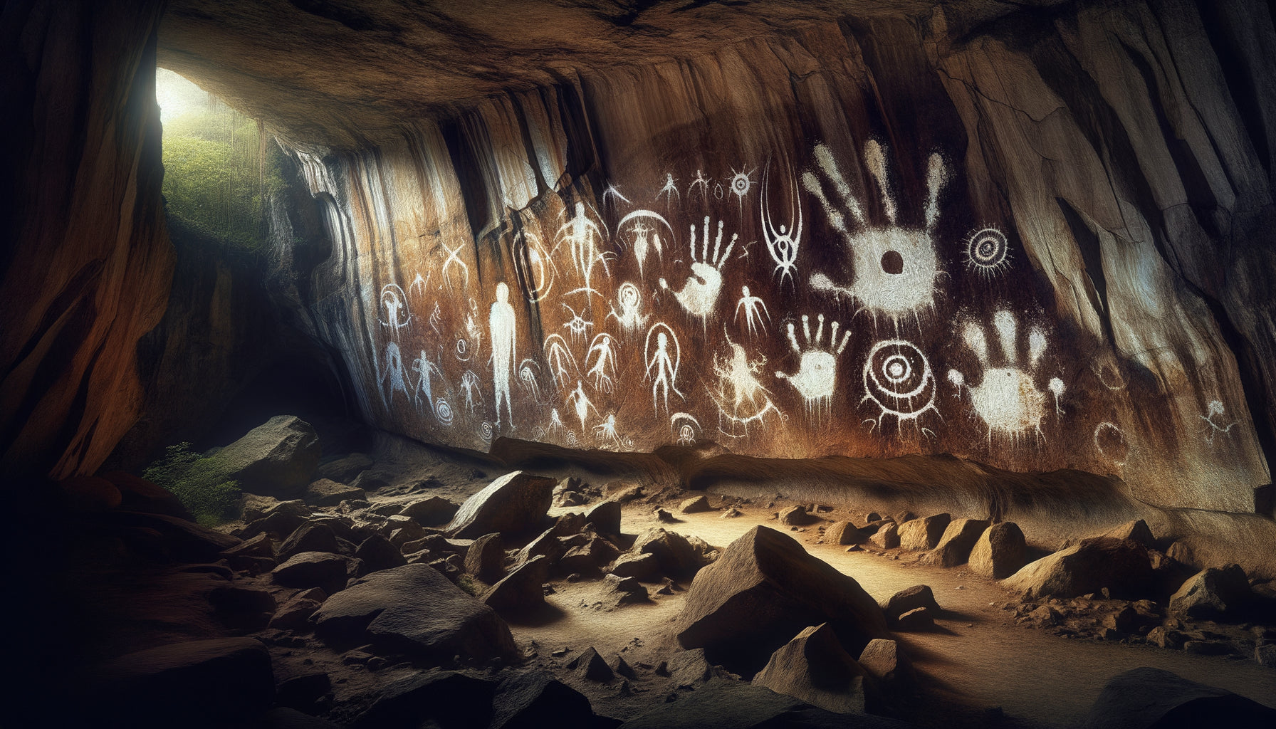 Peintures rupestres blanches préhistoriques sur paroi de grotte sombre, Cueva del Guácharo, Venezuela, représentations spirituelles ancestrales