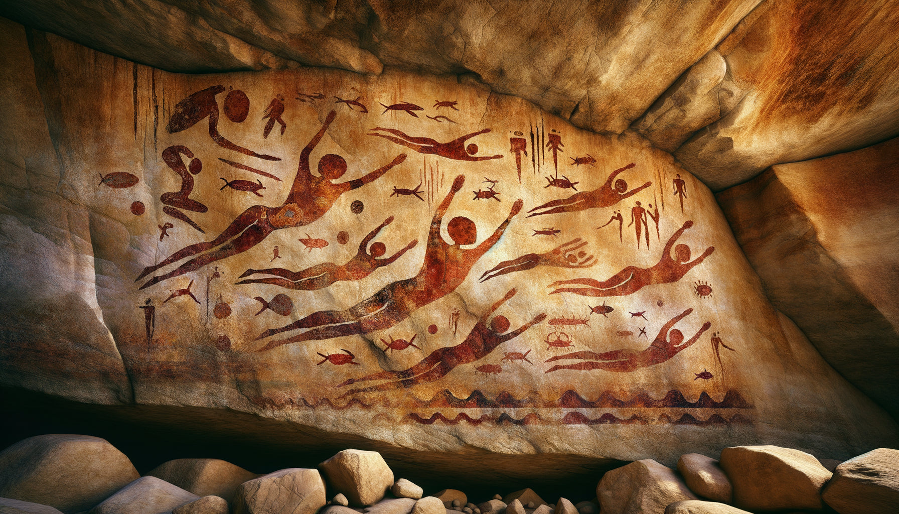 Peinture rupestre néolithique de Gilf Kebir montrant des nageurs en ocre rouge sur paroi rocheuse du Sahara