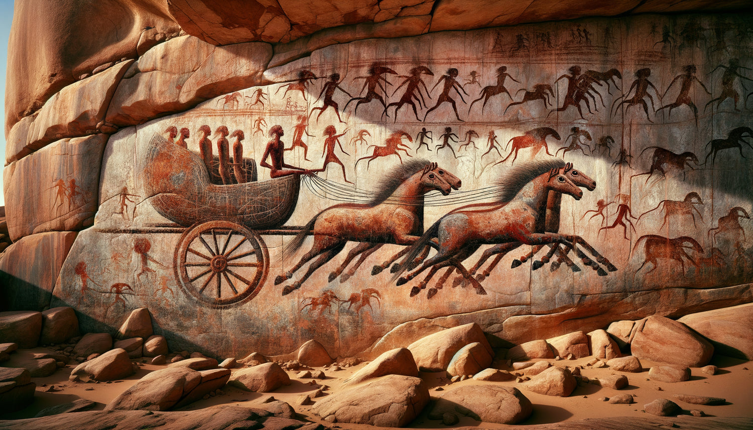 Peinture rupestre saharienne période caballine 1500-1000 av. J.-C., cheval et char ocre rouge, style Tassili n'Ajjer
