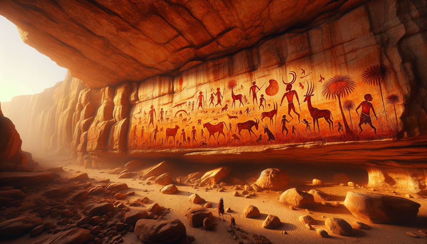 Peinture rupestre préhistorique du Tassili n'Ajjer, figures humaines et animaux en ocre rouge sur paroi rocheuse saharienne