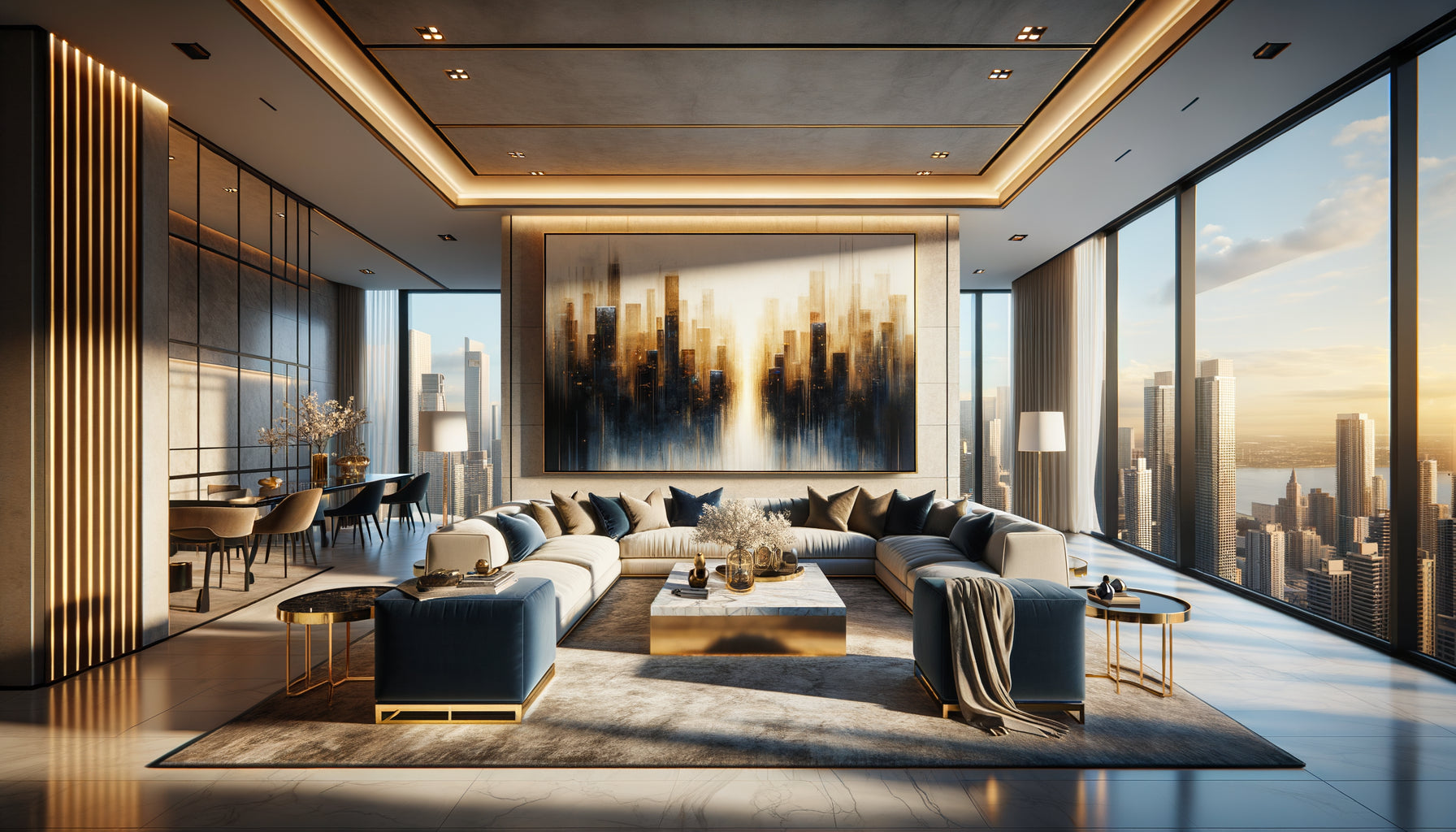Penthouse Airbnb luxueux avec tableau XXL abstrait dominant le salon, vue urbaine panoramique, décoration premium contemporaine