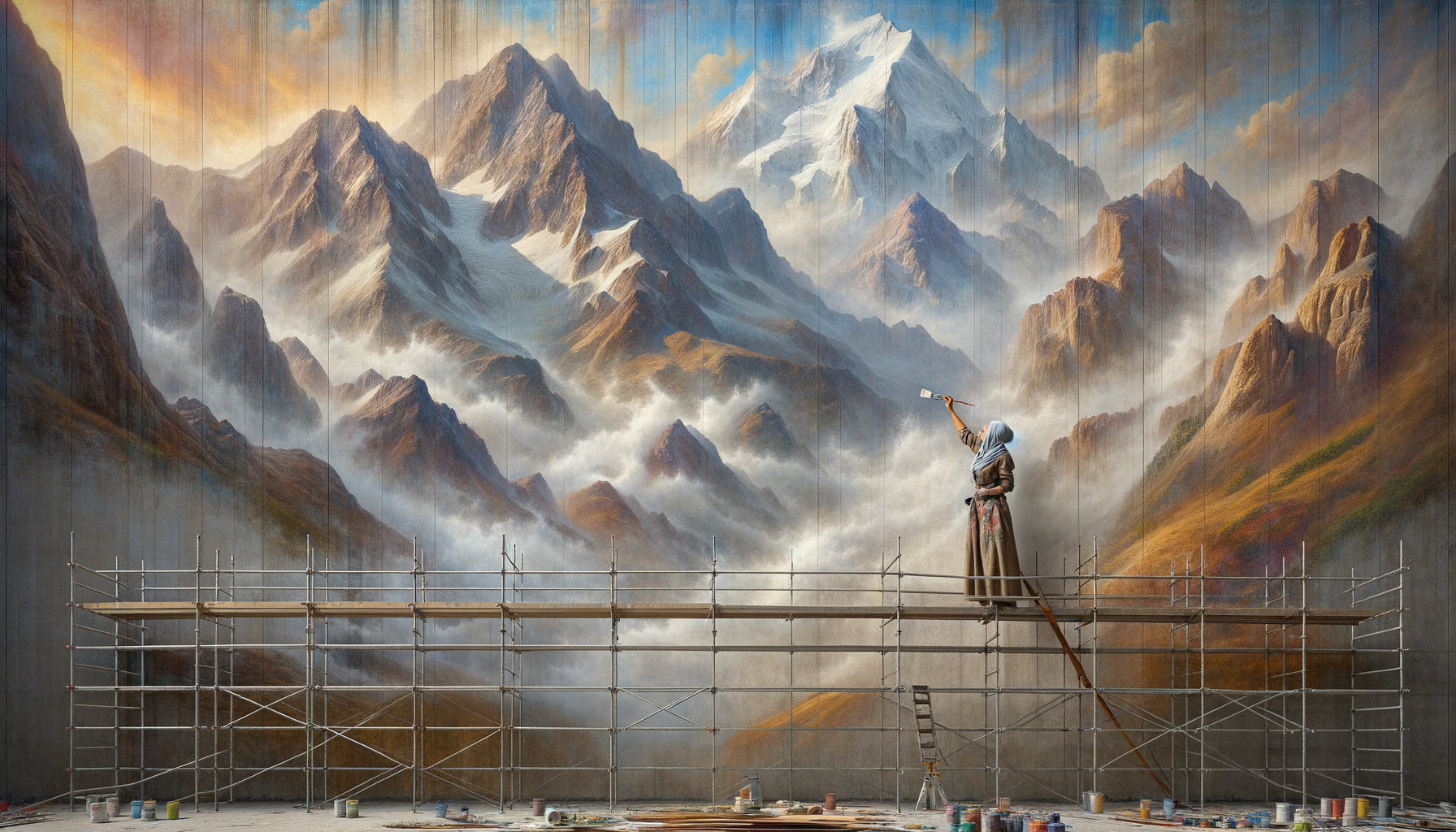 Fresque murale monumentale démontrant la perspective atmosphérique classique avec montagnes s'estompant progressivement dans les lointains brumeux