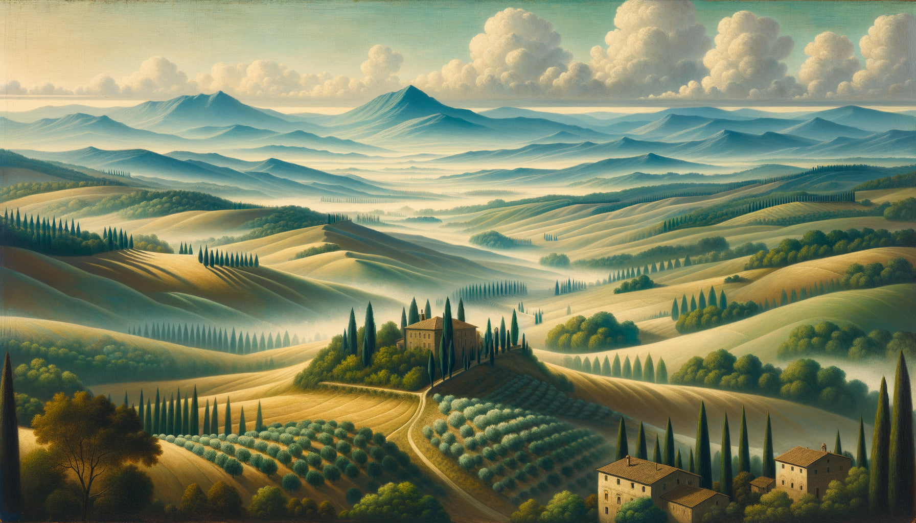 Paysage de la Renaissance italienne dans le style de Piero della Francesca démontrant la perspective atmosphérique avec dégradés bleutés vers l'horizon