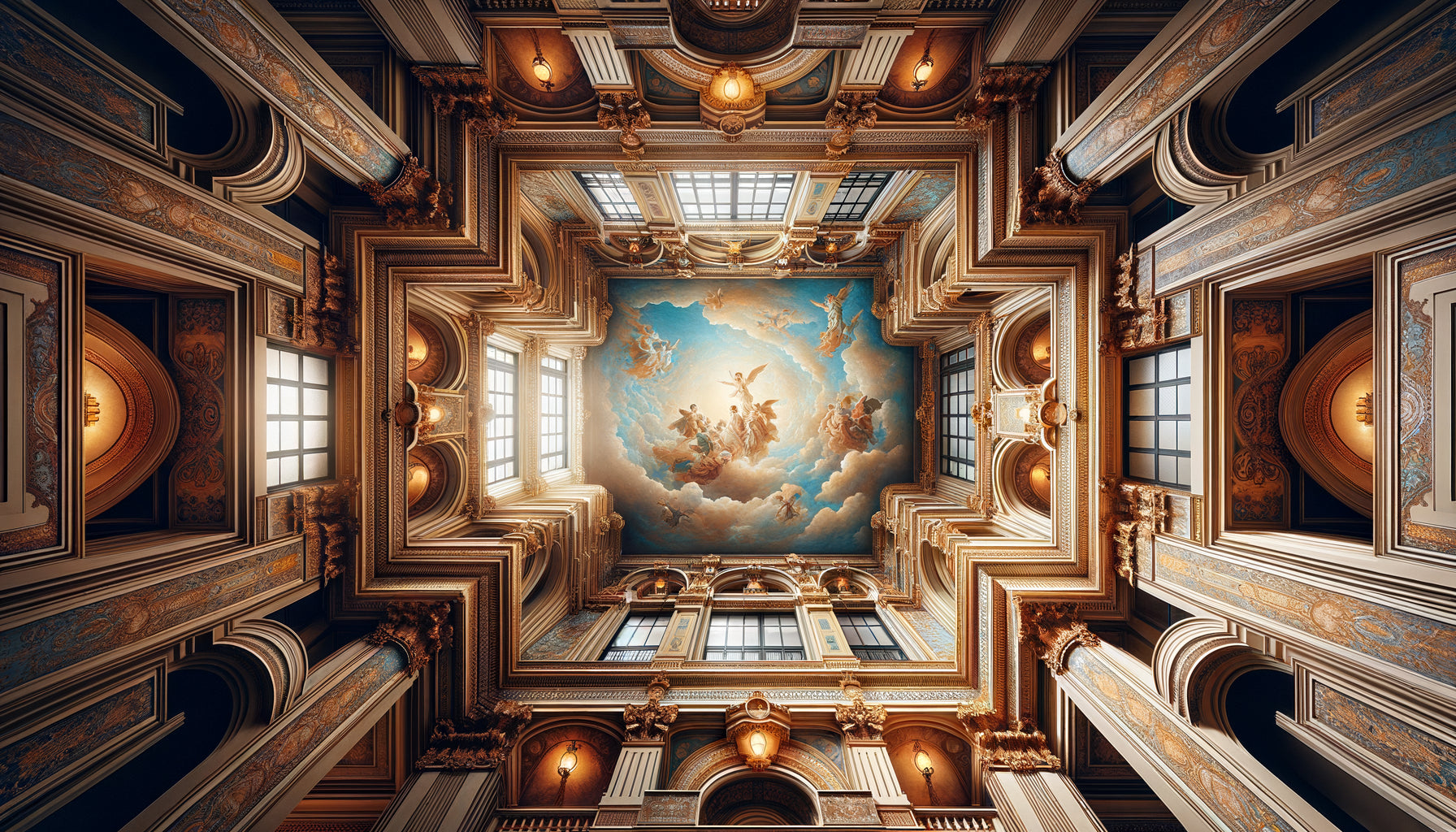 Plafond monumental de palace Belle Époque avec perspective atmosphérique sophistiquée et fresques en trompe-l'œil créant une illusion de profondeur vertigineuse