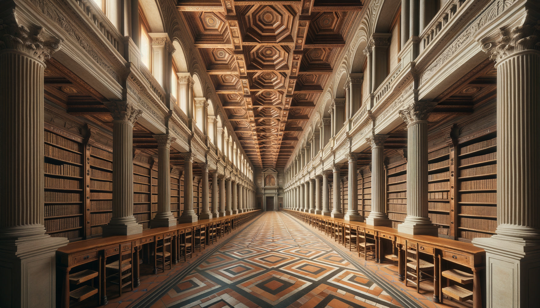 Intérieur de bibliothèque Renaissance italienne illustrant la perspective linéaire de Brunelleschi avec colonnes symétriques et point de fuite central