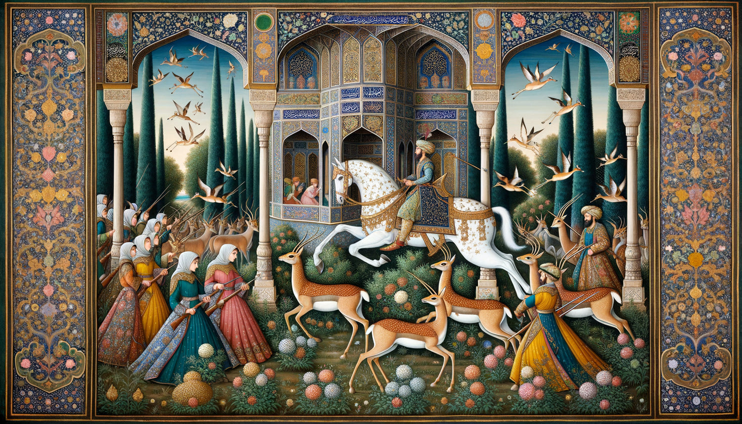 Miniature persane du 16e siècle montrant une scène de chasse en perspective cavalière sans point de fuite unique