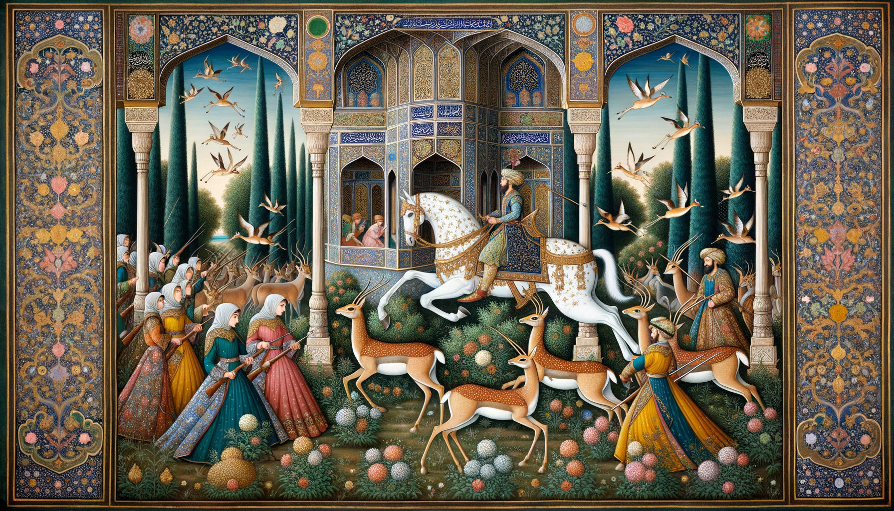 Miniature persane du 16e siècle montrant une scène de chasse en perspective cavalière sans point de fuite unique