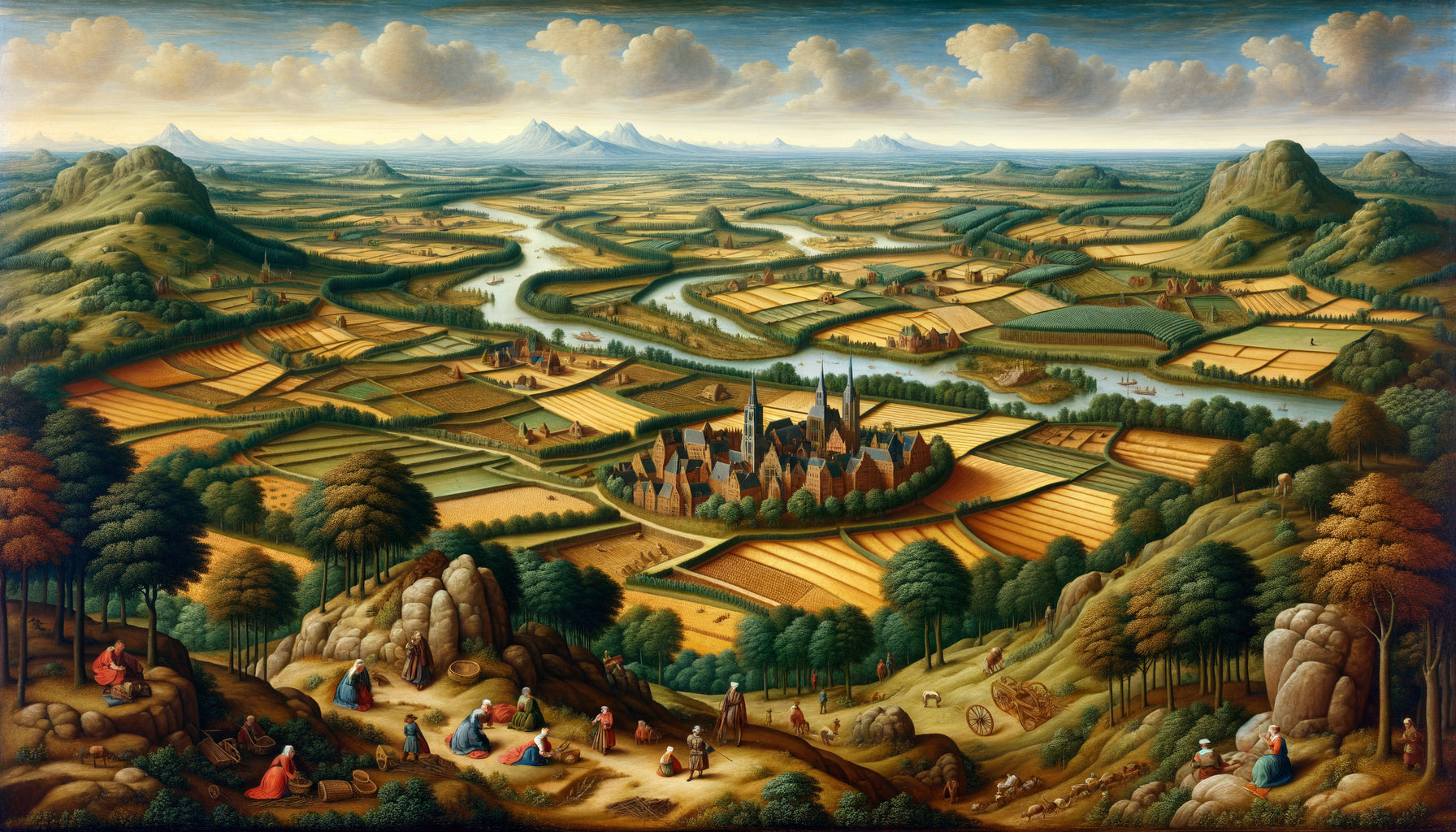Paysage flamand du XVIe siècle en perspective à vol d'oiseau, style Bruegel, vue panoramique avec champs et villages