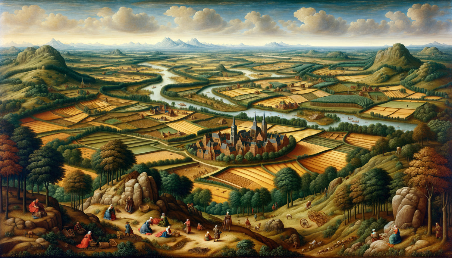 Paysage flamand du XVIe siècle en perspective à vol d'oiseau, style Bruegel, vue panoramique avec champs et villages