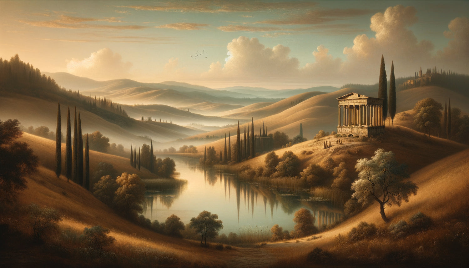 Paysage serein style Perugino Renaissance ombrienne perspective aérienne glacis translucides géométrie harmonieuse lumière diffuse