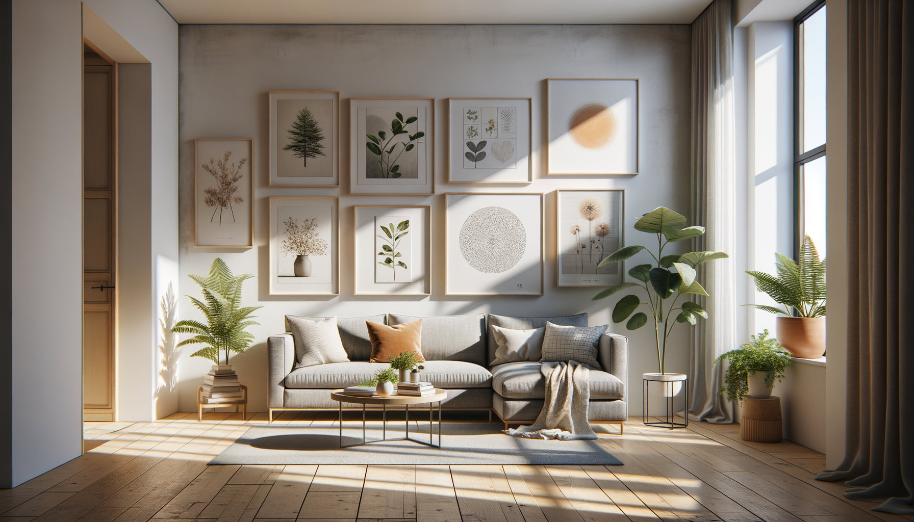 Petit appartement moderne 40m² avec 5 tableaux bien espacés sur mur blanc, décoration minimaliste et aérée