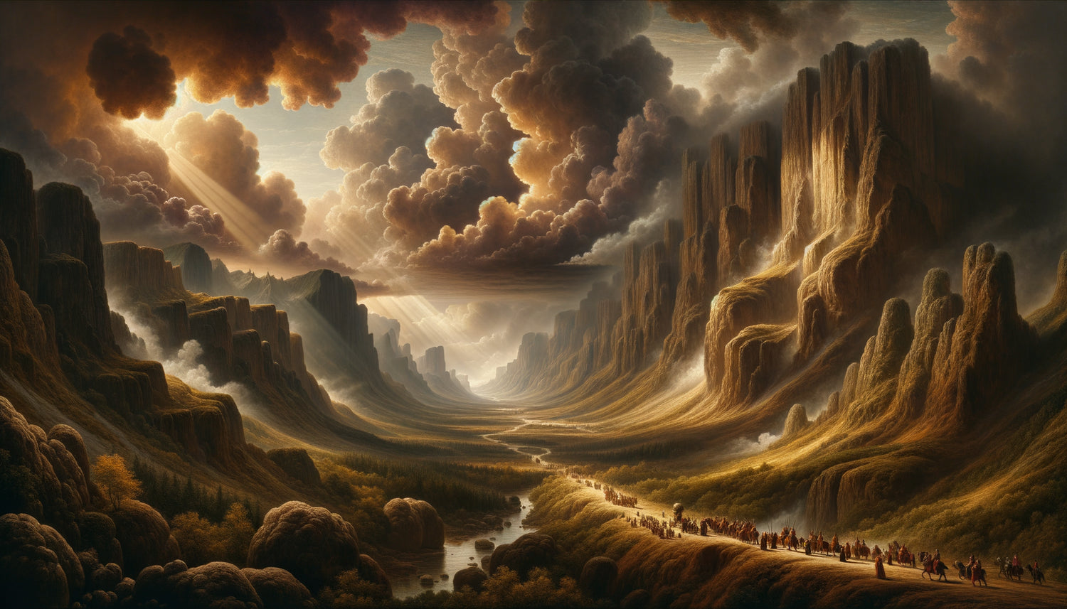 Paysage baroque monumental avec minuscules figures humaines créant un parcours narratif visuel, 17ème siècle