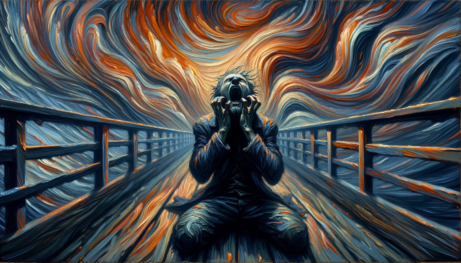 Peinture expressionniste style Munch représentant la peur viscérale, figure hurlante, ciel tourbillonnant rouge-orange, angoisse existentielle