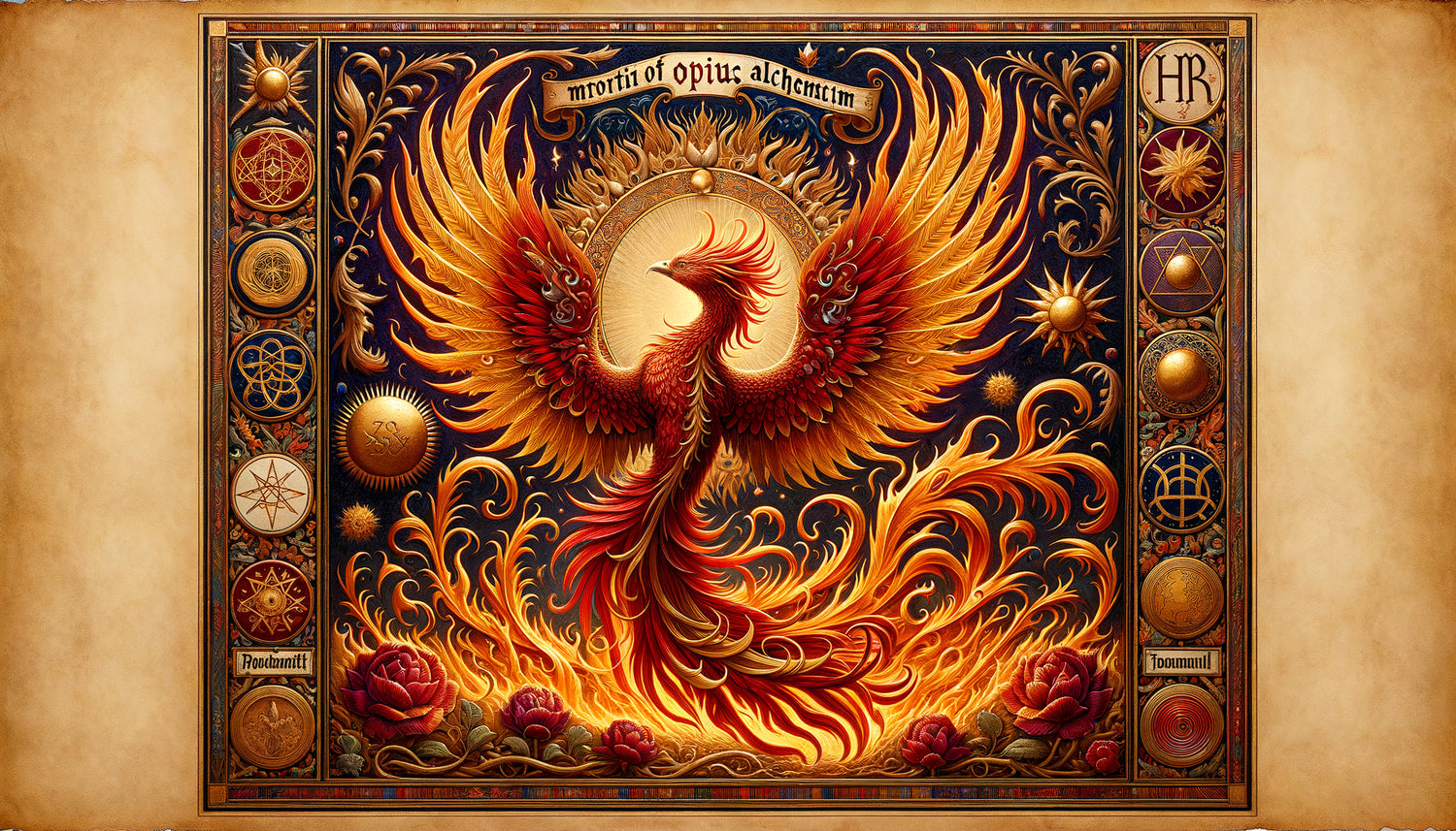Enluminure médiévale représentant un phénix renaissant entouré de symboles alchimiques, manuscrit du Moyen Âge avec or et pigments