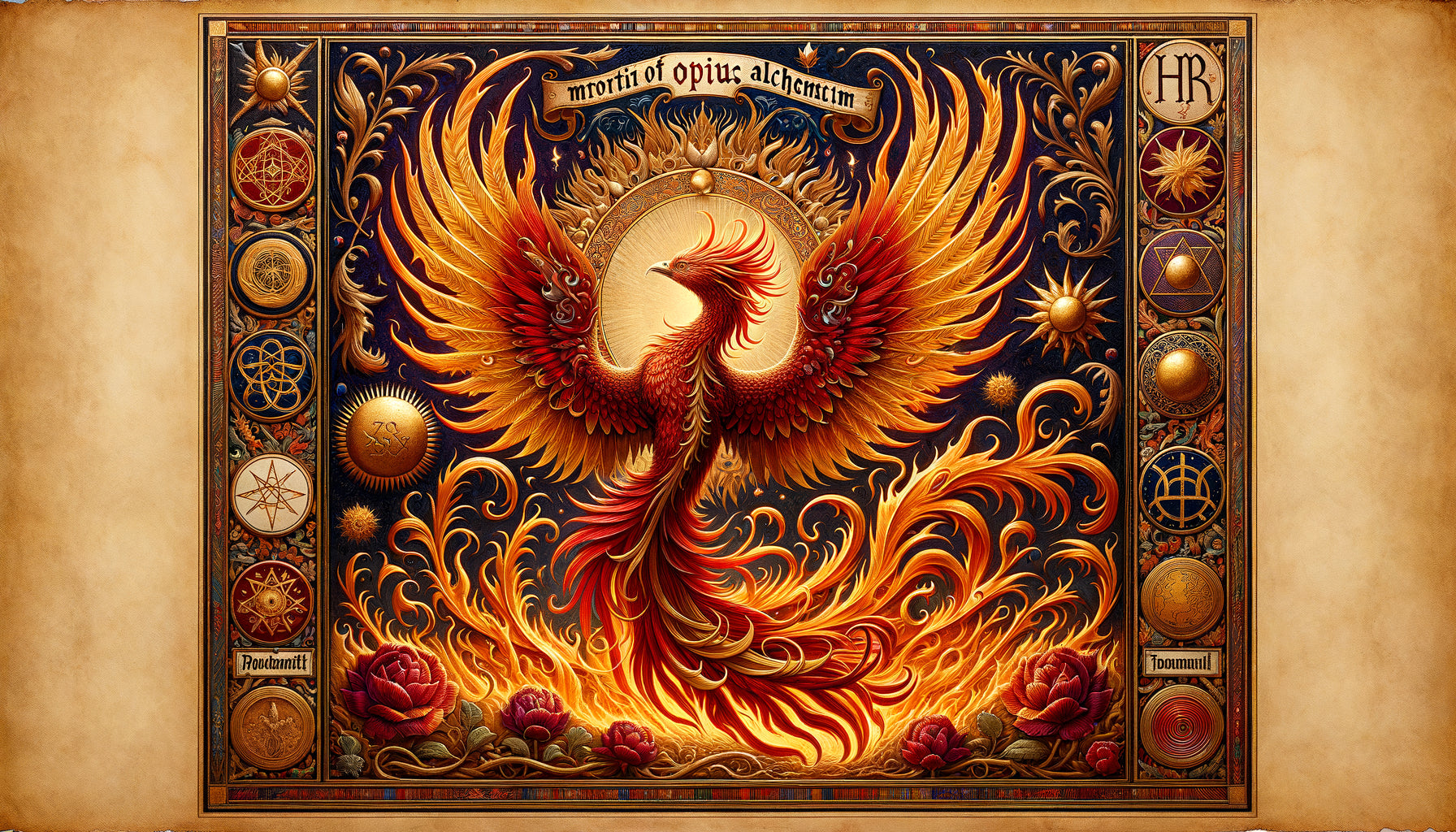 Enluminure médiévale représentant un phénix renaissant entouré de symboles alchimiques, manuscrit du Moyen Âge avec or et pigments