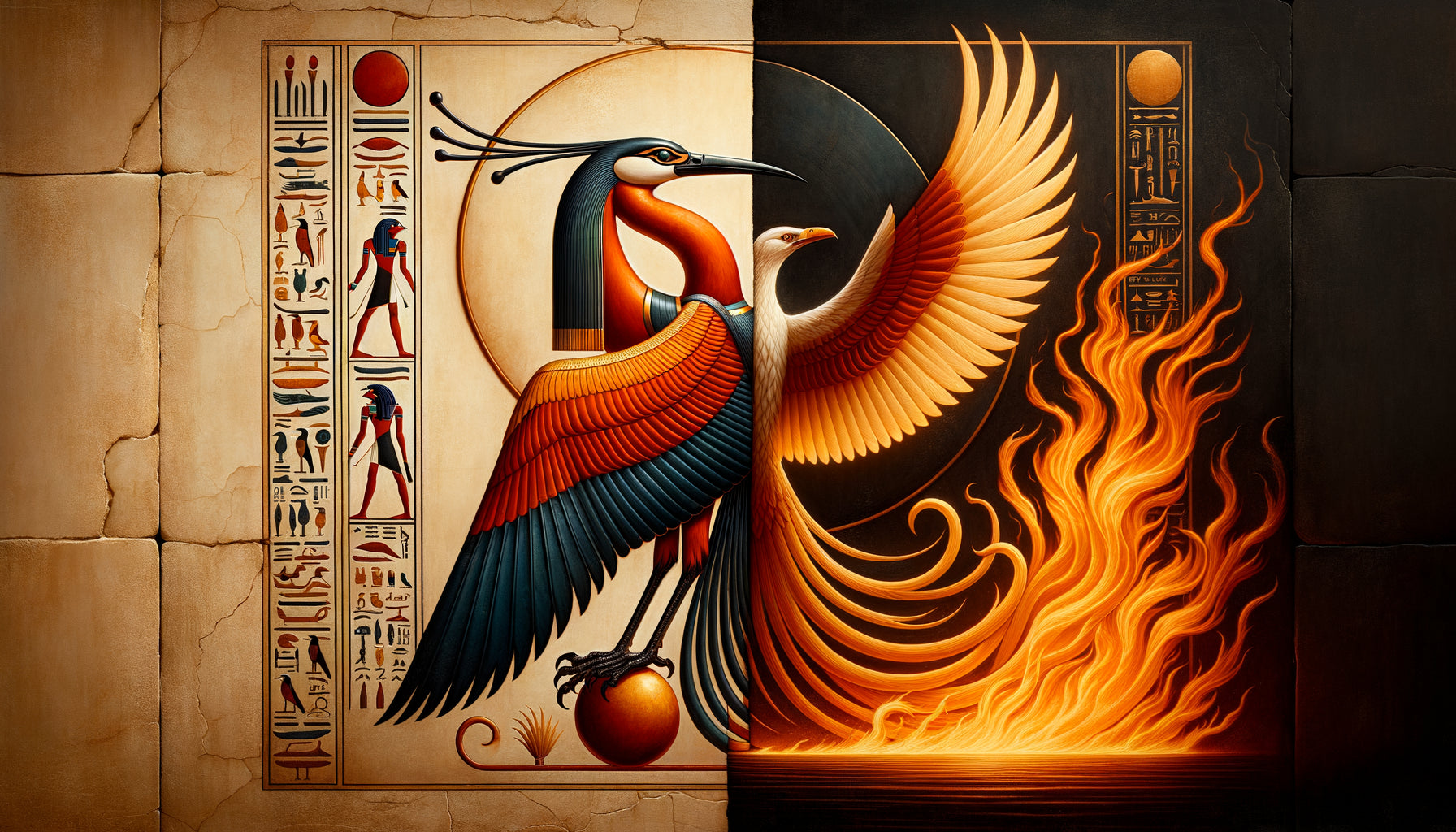 Comparaison visuelle entre le Bénou égyptien hiératique sur papyrus antique et le phénix grec flamboyant sur poterie hellénistique