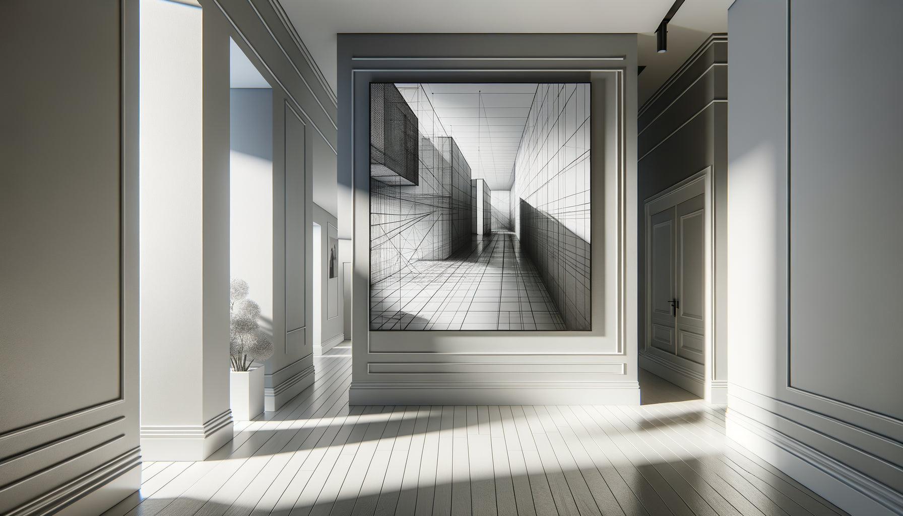 Couloir minimaliste contemporain avec photographie architecturale noir et blanc aux lignes géométriques épurées