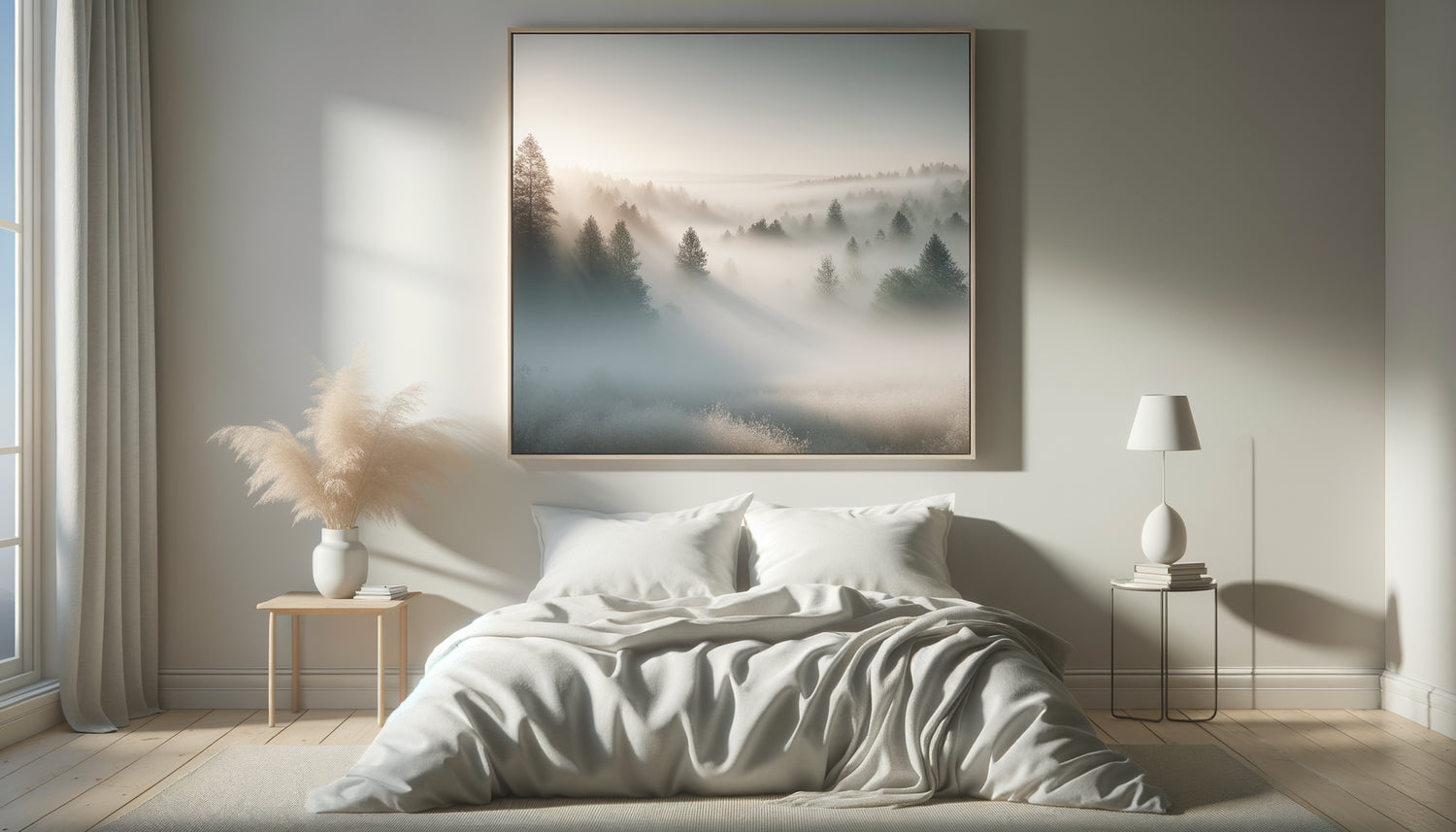 Photographie de brume matinale encadrée au-dessus d'un lit minimaliste créant une atmosphère douce et apaisante