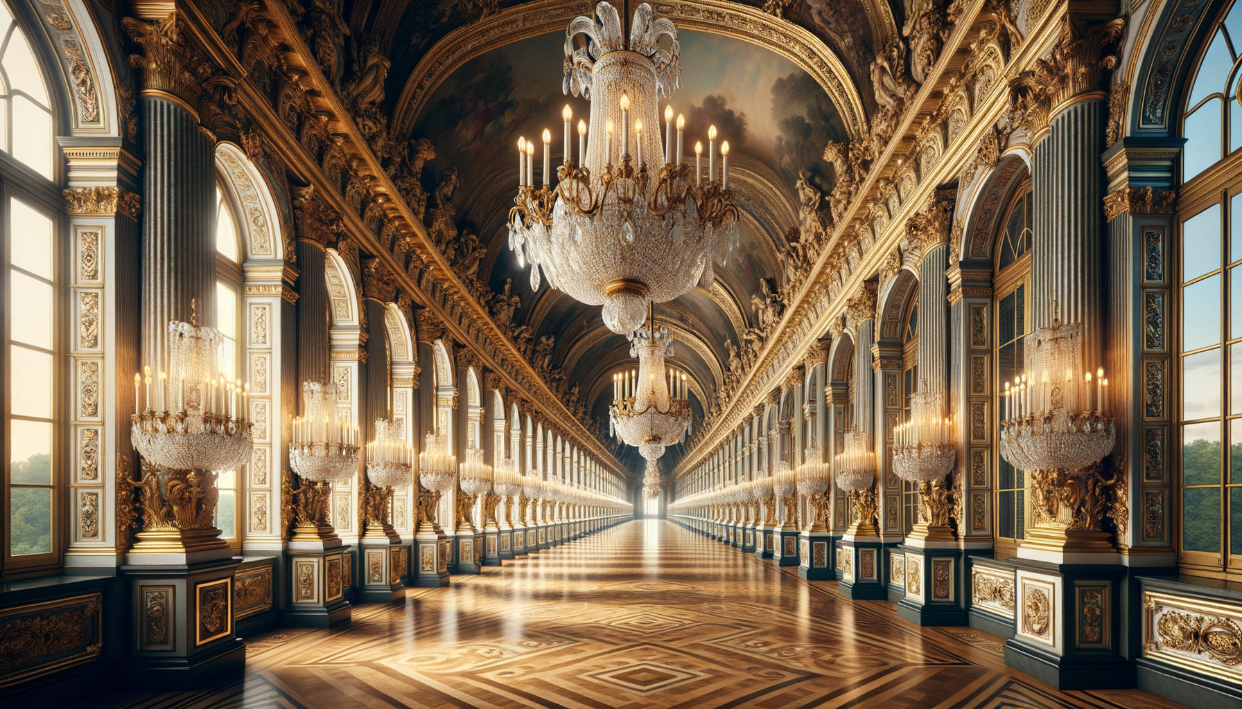 Perspective majestueuse d'un corridor baroque du Château de Versailles avec décors dorés, parquet géométrique et lumière naturelle