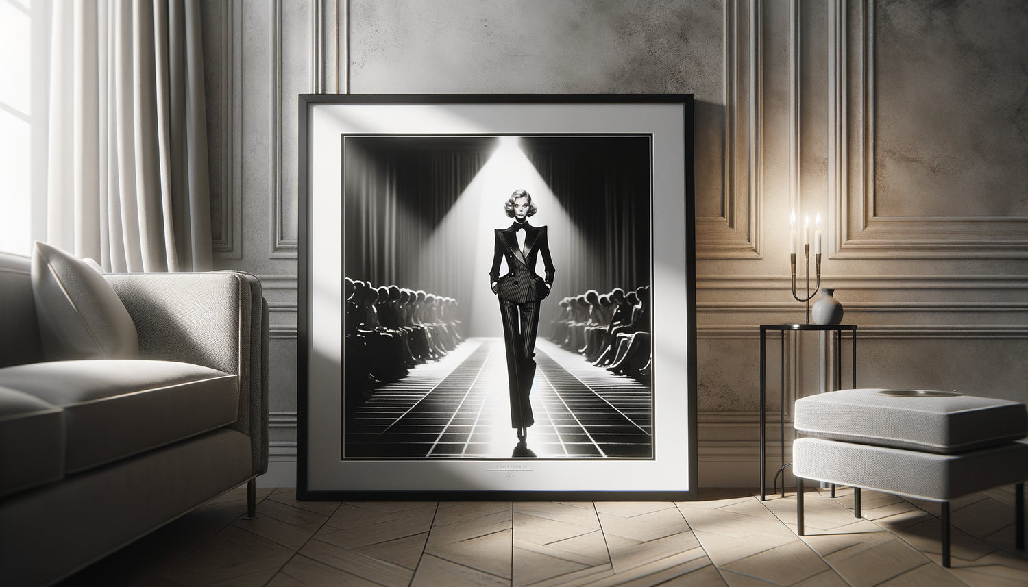 Photographie vintage de défilé Yves Saint Laurent encadrée avec élégance dans un cadre noir mat raffiné