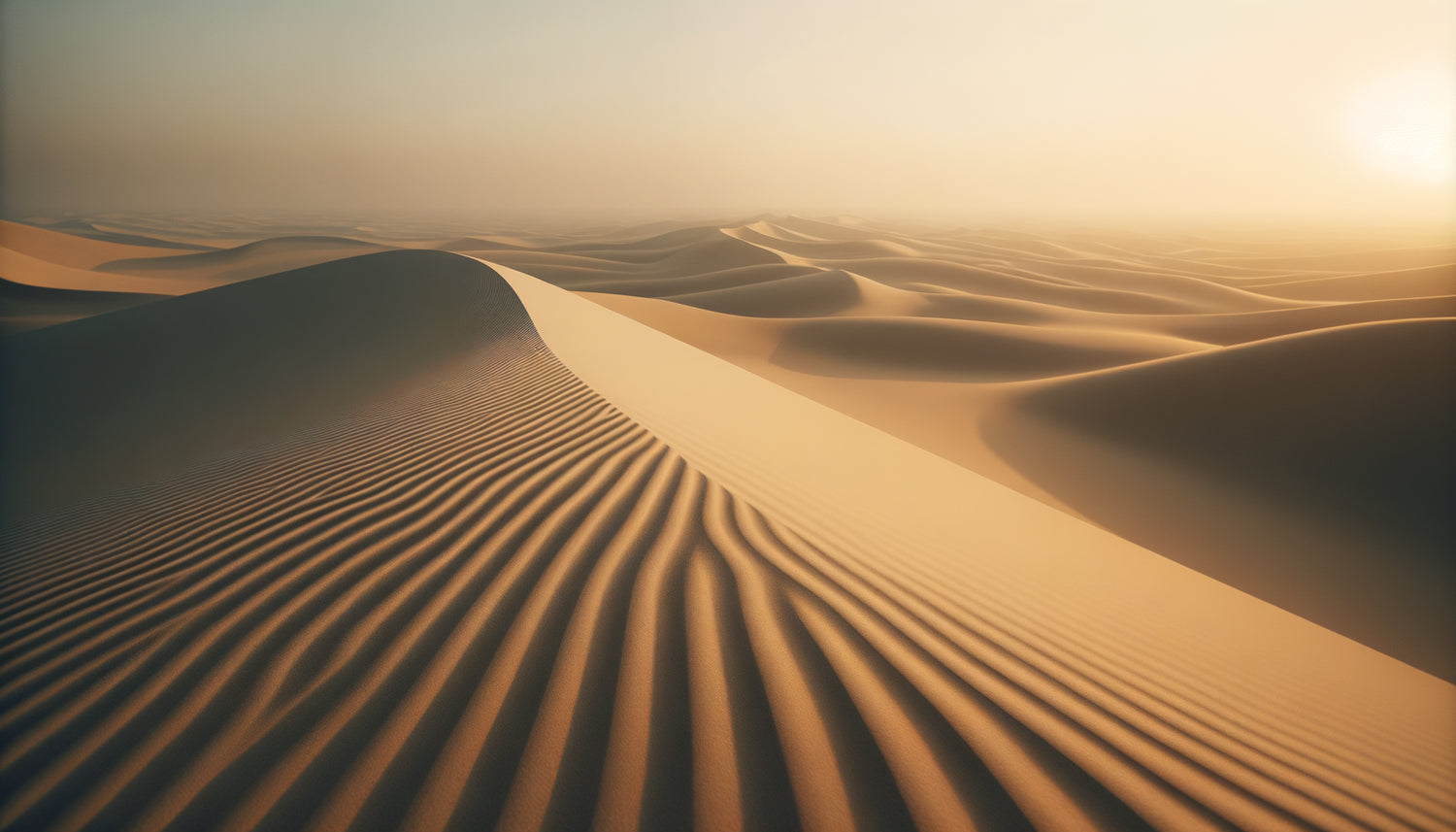 Photographie minimaliste de dunes désertiques dorées créant un espace de vacuité méditative et contemplative